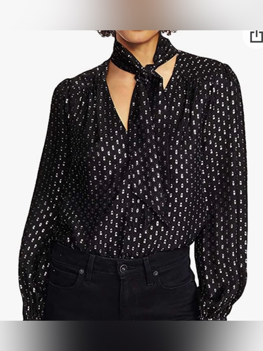 PAIGE Cleobelle Metallic Silk Blend Clip Dot Tie Neck Blouse Black/Silver Dot -M